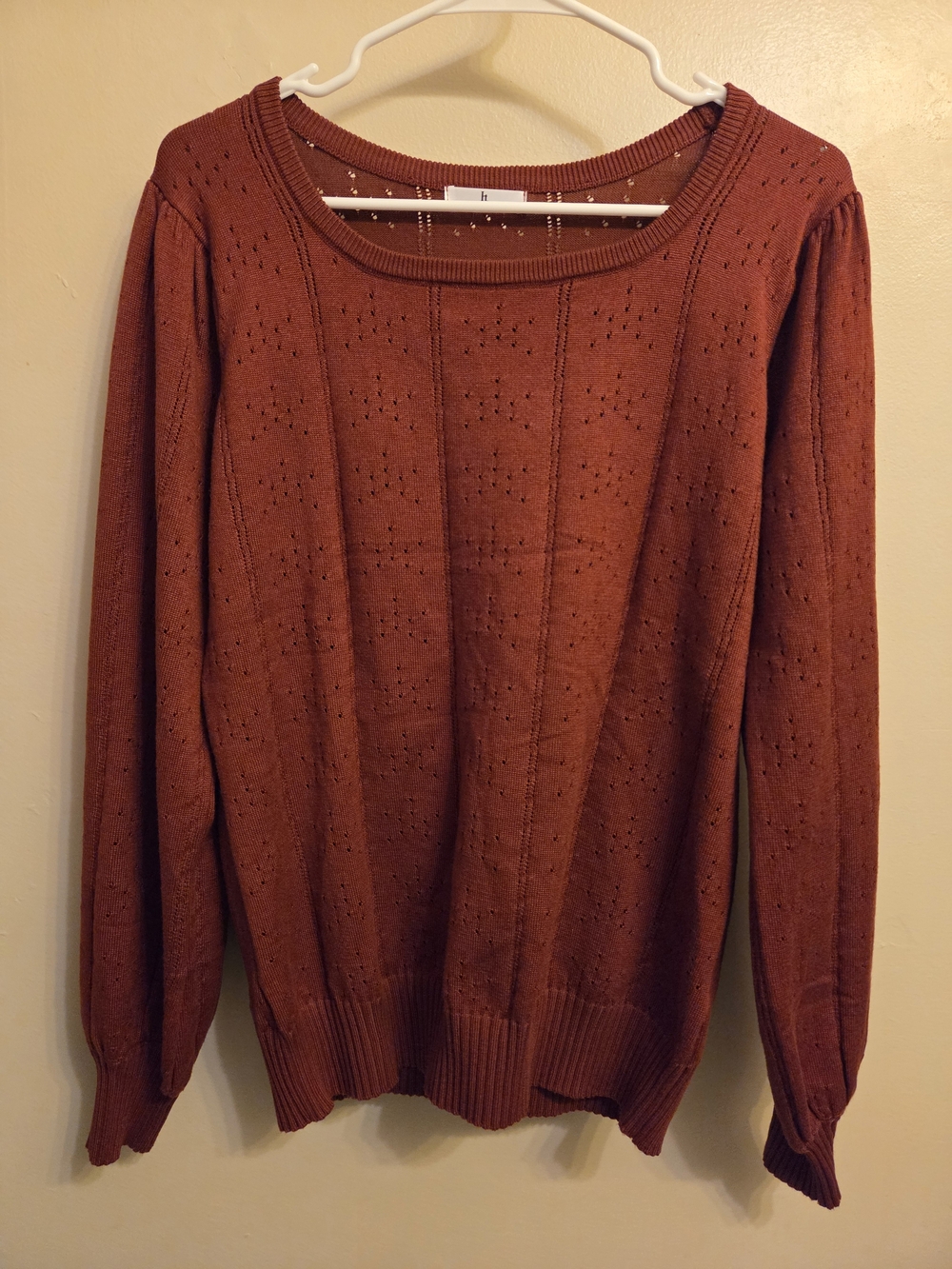 HT 100% Viscose Rust Orange Pointelle Knit Sweater Scoop Neck Balloon Sleeve L